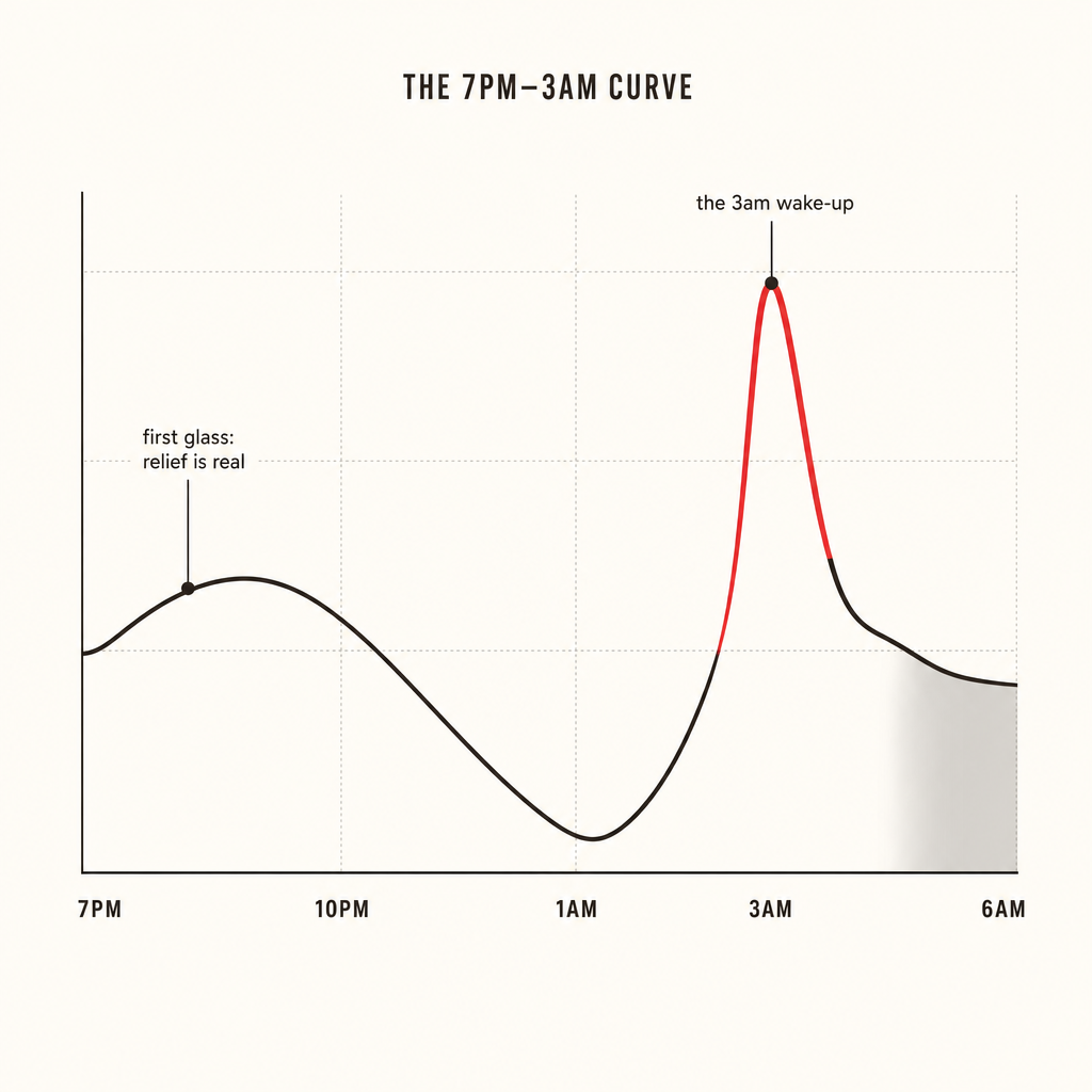 Line chart of the evening calm curve rising at 7pm then rebounding into a cortisol spike between 1am and 4am.