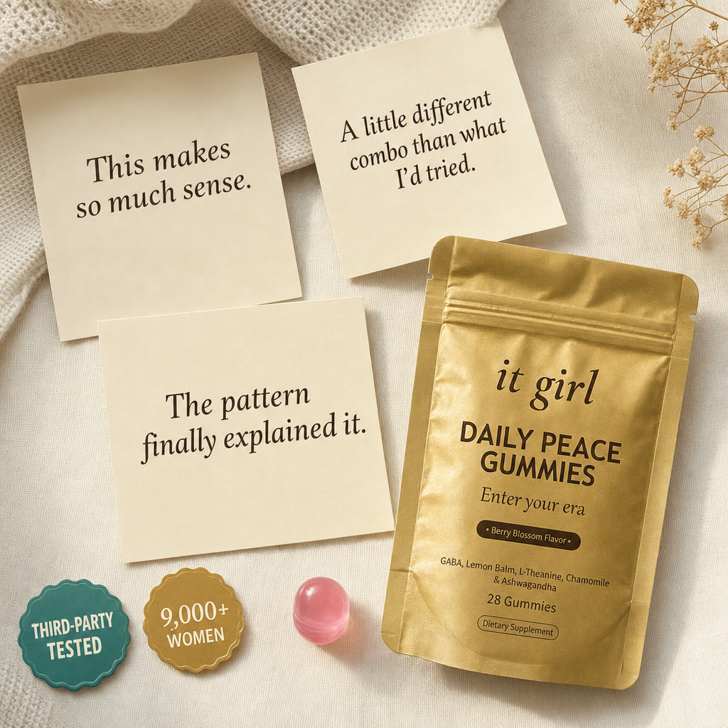 The Daily Peace pouch beside third-party-tested and 9,000-plus-women trust badges and review-style quote cards.