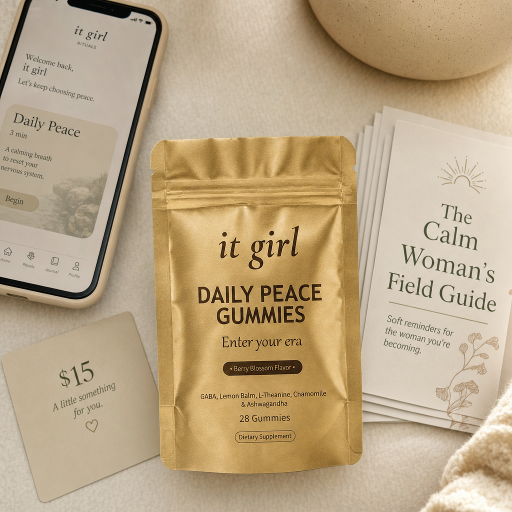 The Daily Peace bundle on cream: gold pouch, the It Girl app on a phone, a $15 gift card and the Calm Woman's Field Guide.