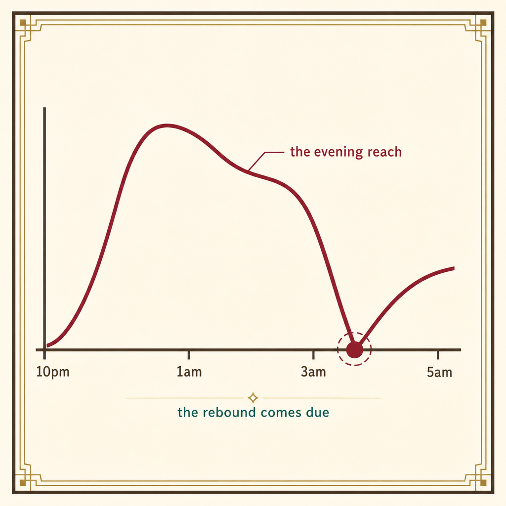 Warm editorial night-graph on cream: a deep wine-red line rising early then crashing into a marked 3am dip, labeled the evening reach and 3am, no people, no product