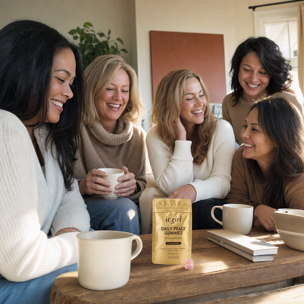 A warm candid group of several real women in their forties and fifties relaxed together in a sunlit living room, the real matte-gold It Girl Daily Peace pouch on the coffee table
