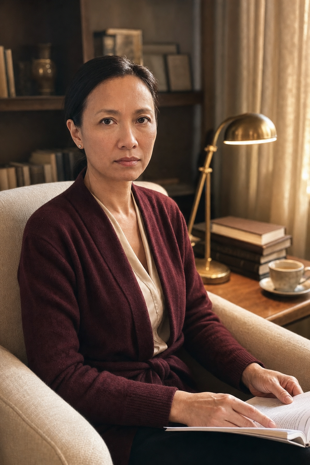 Dr. Sofia Marks in the same cream linen chair one beat forward, research paper set down in her lap, now looking calmly at the camera mid-sentence, warm golden reading-nook light, no wine and no product in frame