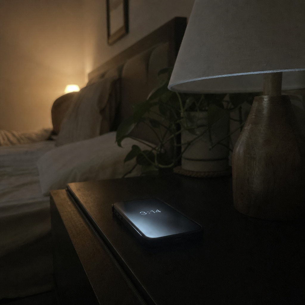 A cold pre-dawn nightstand lit by a phone reading 3:14, a red cortisol-rebound curve spiking between 1AM and 4AM tags, the same receptor-of-light switch being forced from warm gold to cold, the calm slammed shut at 3am