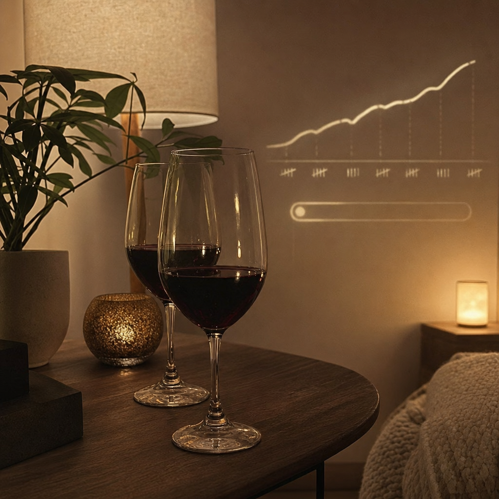 Two glasses of red wine where there was one on a cool nightstand, a faint baseline line climbing higher night over night and a calm-reserve gauge draining, the deficit compounding in one direction