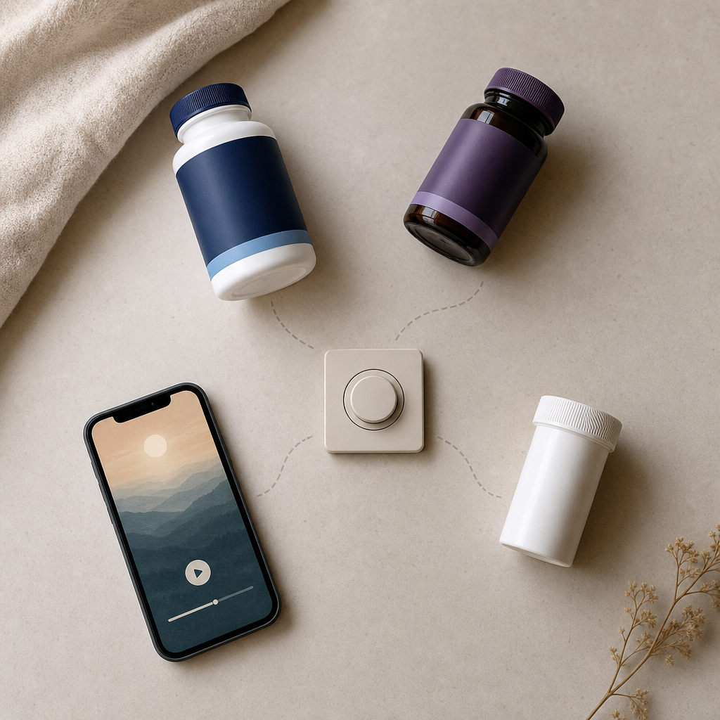 Overhead flat-lay of the swaps that missed, a magnesium bottle, a melatonin bottle, a phone showing a meditation app, and an unlabeled prescription bottle, each working around a central calm receptor none of them reach, no product yet
