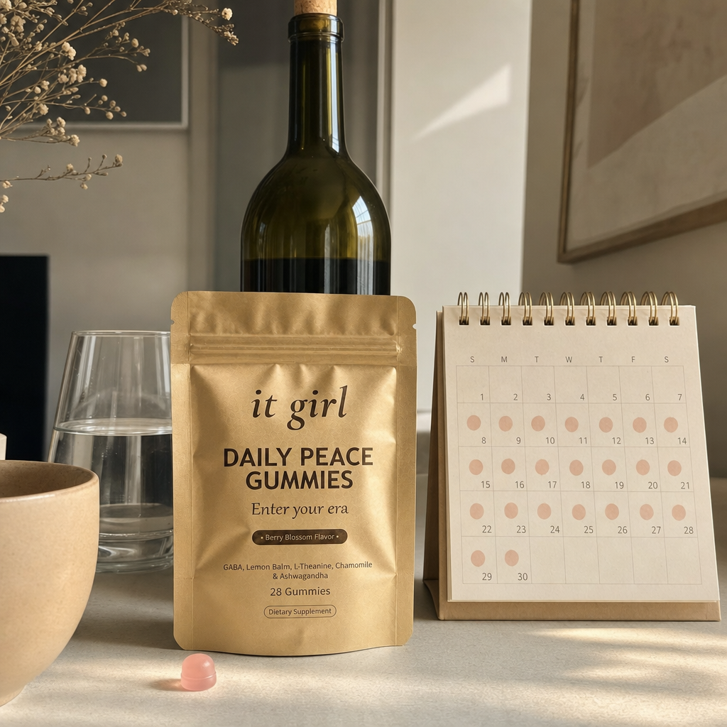 Warm still-life of the palm-sized It Girl Daily Peace pouch beside a month calendar and one corked unbranded bottle of wine, showing a whole month of calm costs less than one bottle