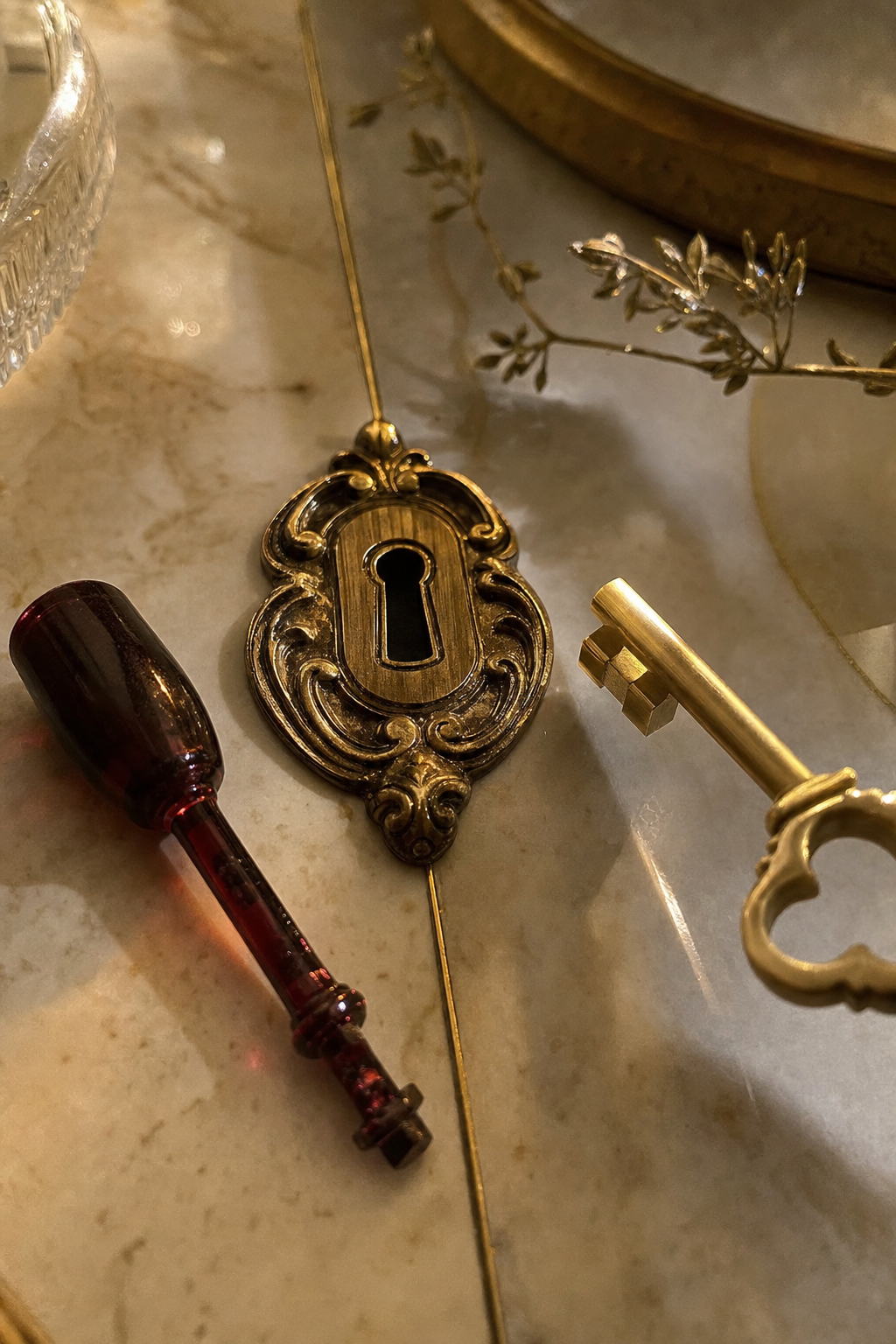 A warm sensual macro of an ornate brass keyhole glowing gold on cream marble, a wine-cork-shaped key set down beside it with a faint red glint, and a clean gold key rising to fit the same lock, no product and no text