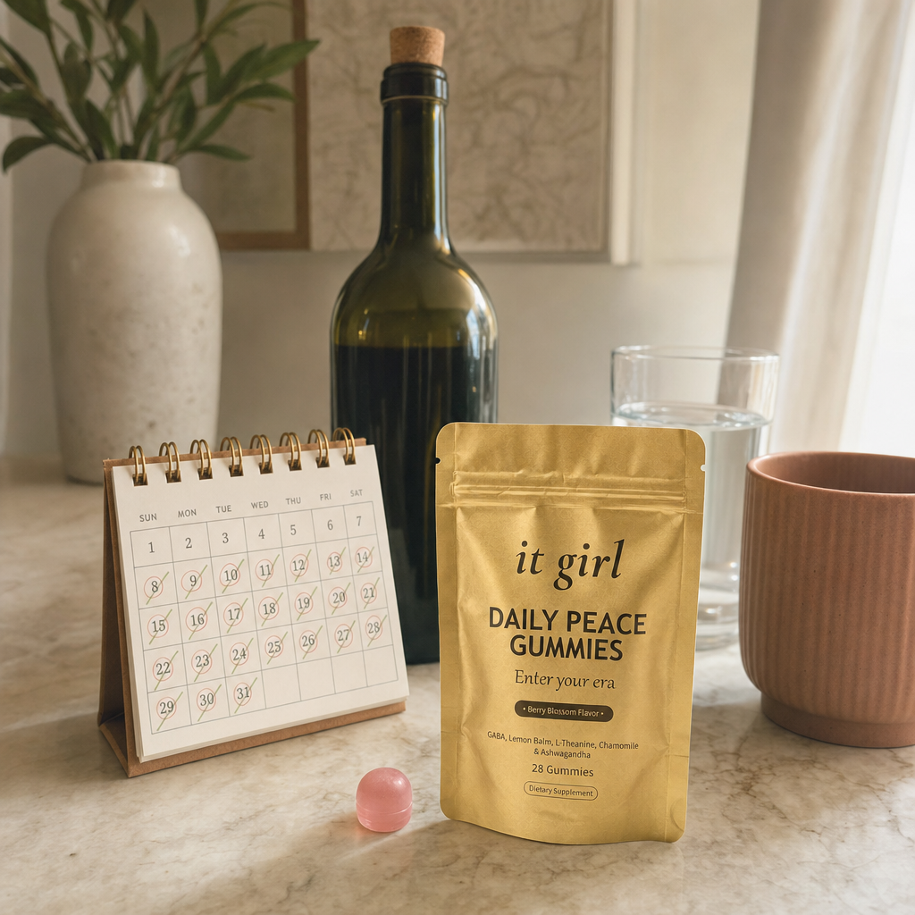 Warm still-life of the palm-sized It Girl Daily Peace pouch beside a month calendar and one corked unbranded bottle of wine, a whole month of calm for less than one bottle