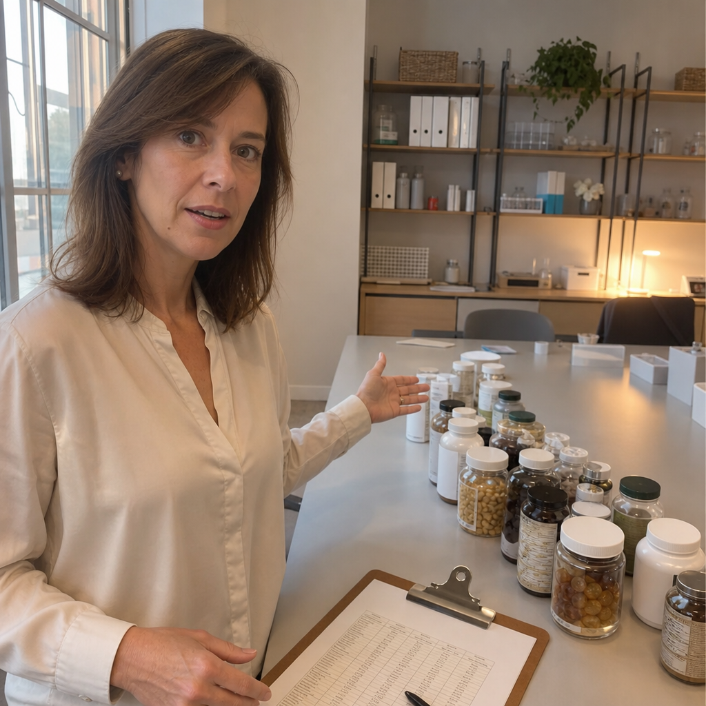 Women's Mental Wellness journalist Lauren Hartley standing at a lab table gesturing to a long lineup of anonymous unbranded stress supplement bottles, a clipboard beside her, explaining that she sent the 23 most-named brands to a lab
