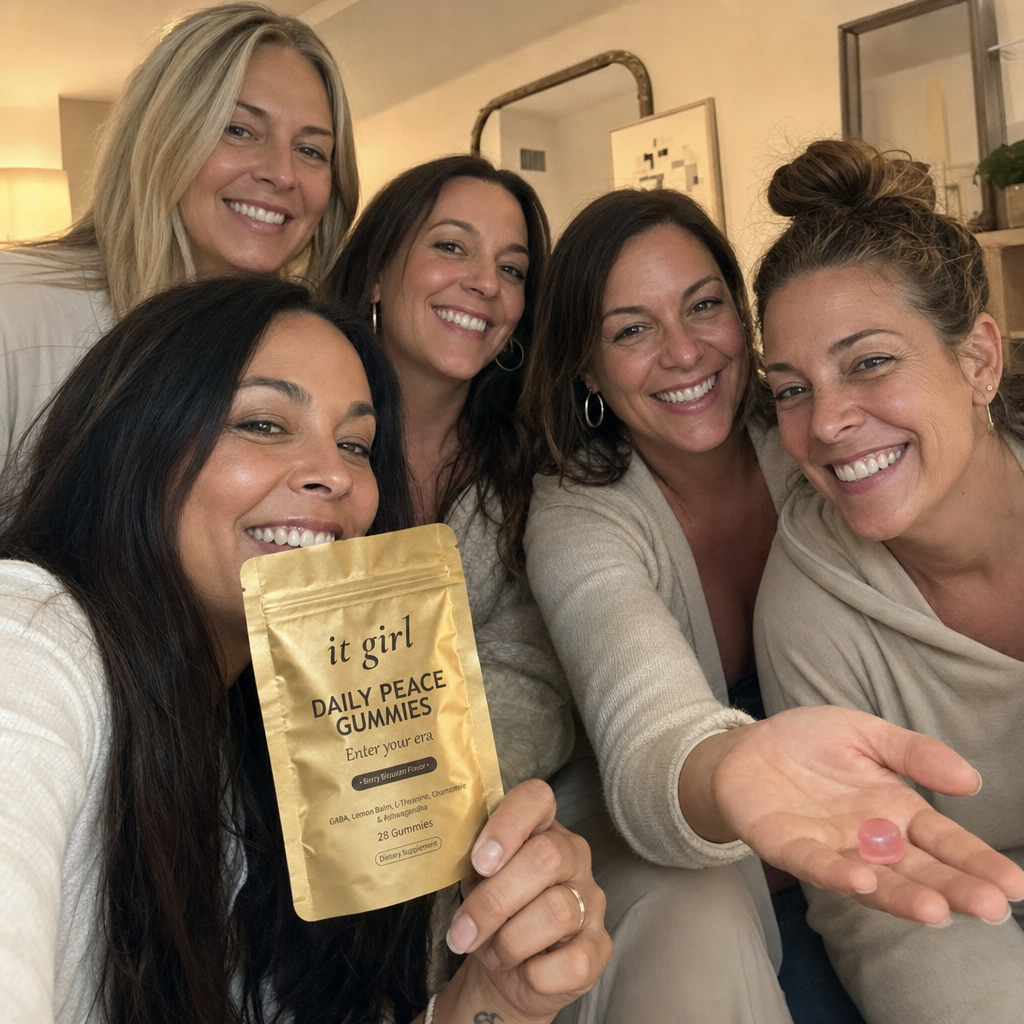 A warm candid group selfie of many everyday women laughing together in a sunlit living room, one holding up the gold It Girl Daily Peace pouch, the 9,000 plus women who made the same switch