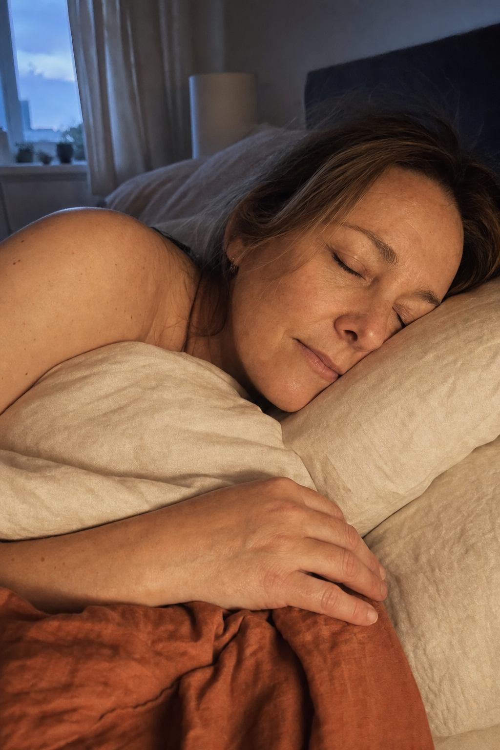 Real woman in her forties asleep and at peace in bed in soft pre-dawn light, sleeping through the 3am wake-up, no product in frame.