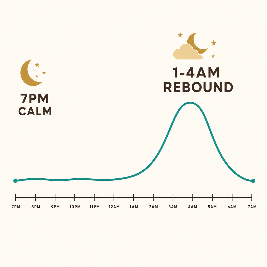 Flat editorial graphic of a night cortisol curve showing 7pm calm dropping then a 1am to 4am rebound spike, the cost of filling the prescription with wine