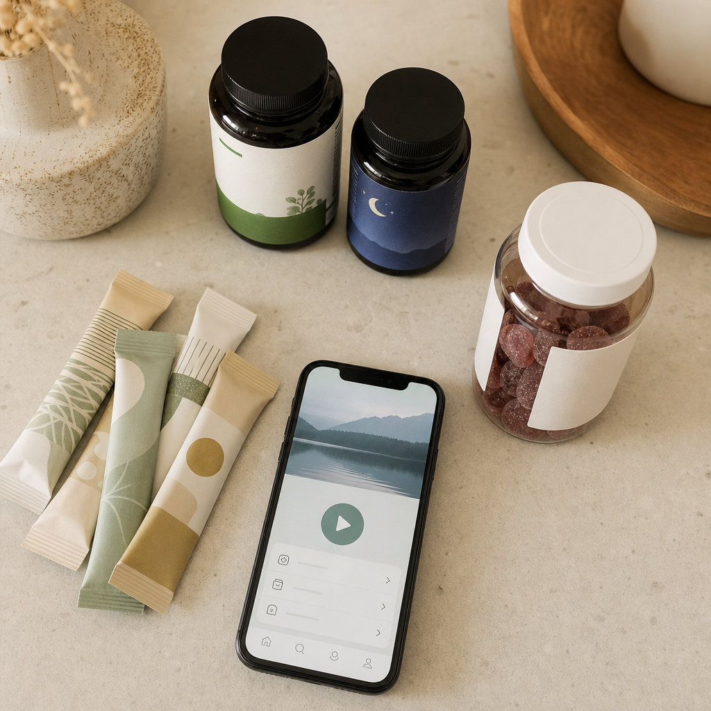 Cream counter of the swaps that miss the evening reach, a magnesium bottle, a melatonin bottle, a phone showing a meditation app, and a generic ashwagandha jar, pushed aside