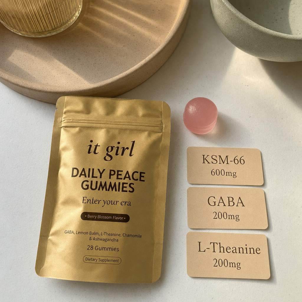 Three warm dose cards reading KSM-66 600mg, GABA 200mg, L-Theanine 200mg beside a single gummy and the gold pouch on a cream surface, the studied dose
