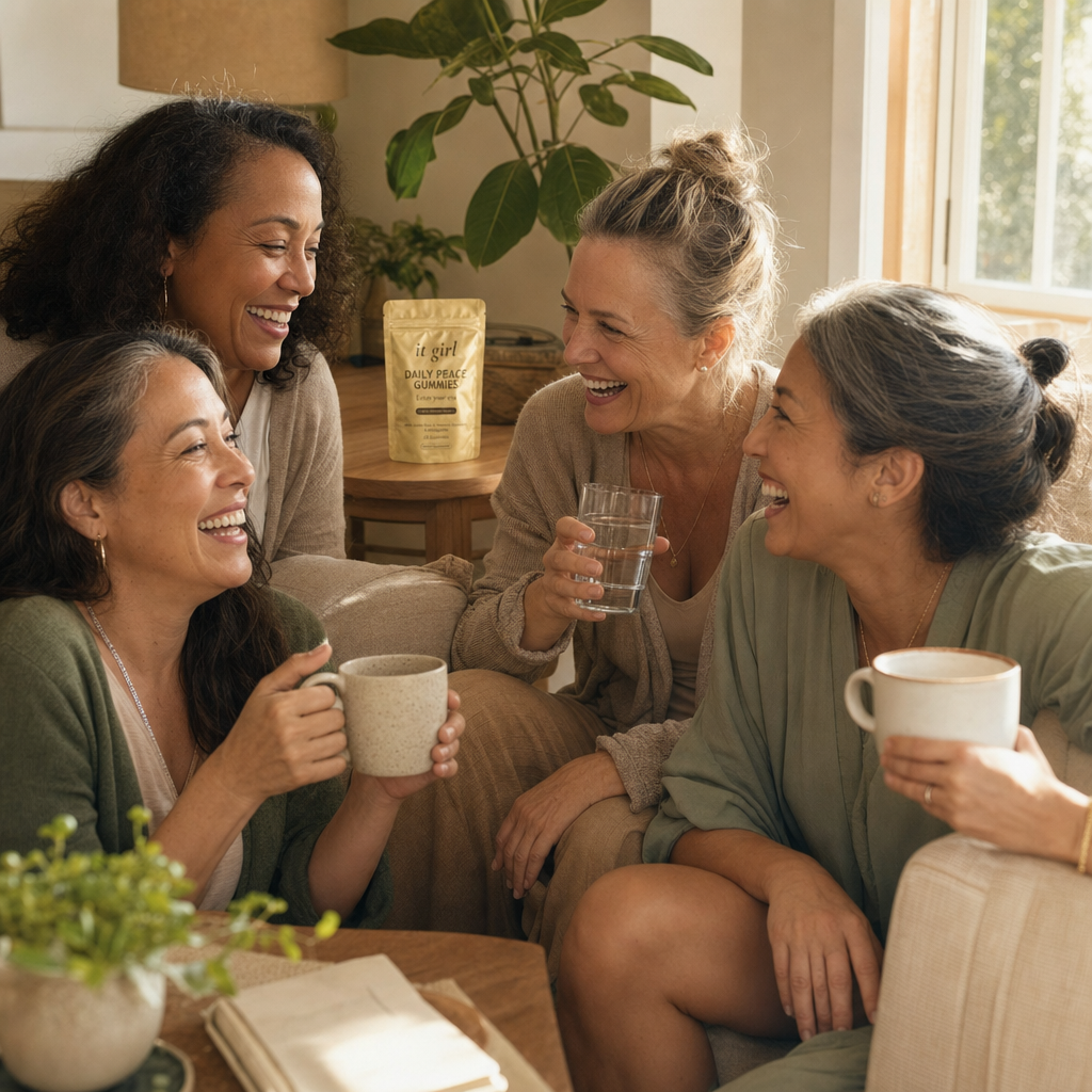 Relaxed group of women forty to sixty laughing in a warm living room with tea and water, a gold Daily Peace pouch resting nearby, not the only one