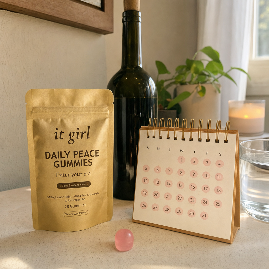 The palm-sized gold It Girl Daily Peace pouch and a month calendar beside one unbranded bottle of wine, a whole month of calm for less than one bottle