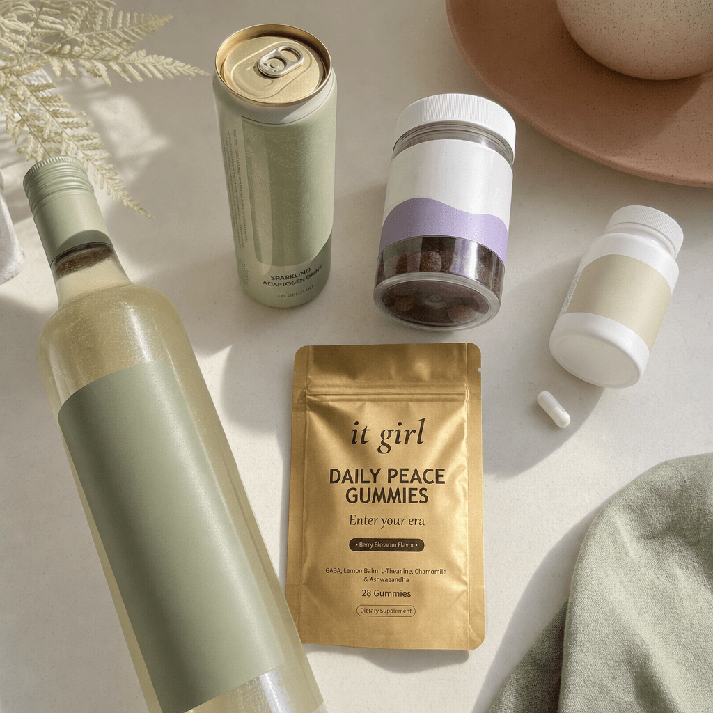 Overhead flat-lay on cream, the four evening-calm swaps a woman tries pushed aside, an alcohol-free wine bottle, an adaptogen calm canned drink, a melatonin gummy jar, and a bare single-ingredient GABA bottle, with the matte gold Daily Peace pouch forward and chosen in sharp focus, no wine pour, warm clay and sage tones