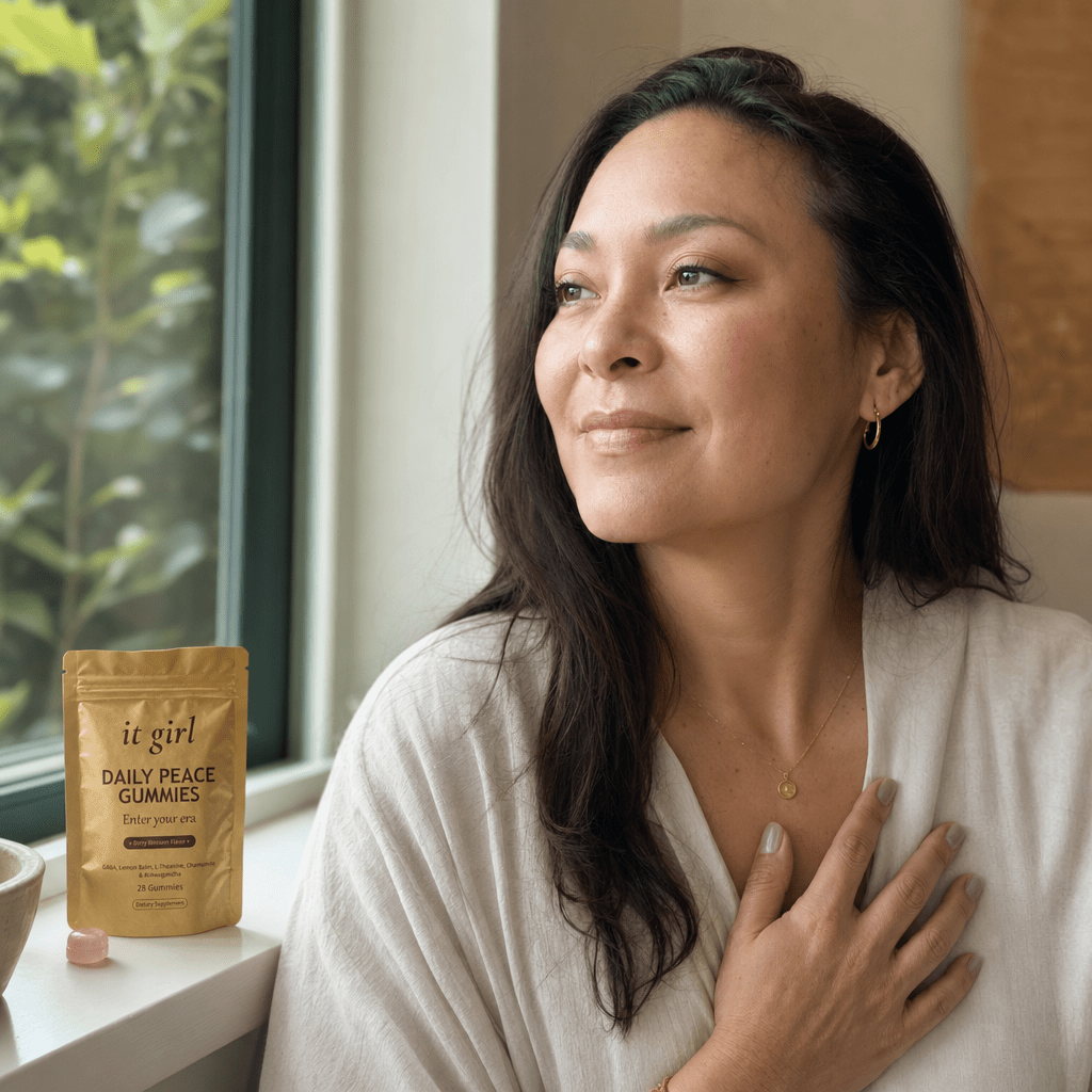 Woman about forty-five at a window in morning light, hand on her chest, self-compassionate and rested, she stopped blaming herself