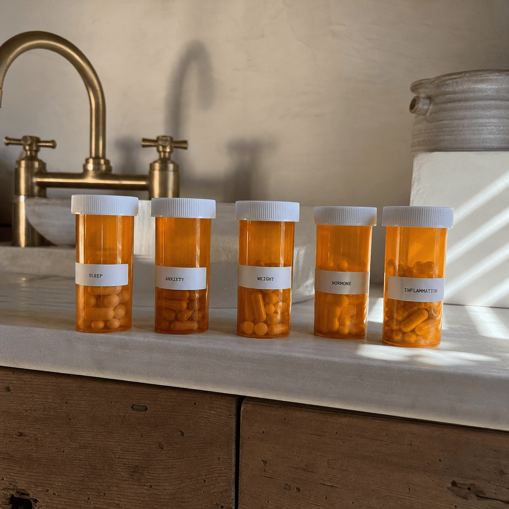 Five amber prescription bottles lined up on a cream counter, each a separate lane, the faucet upstream untouched, no product