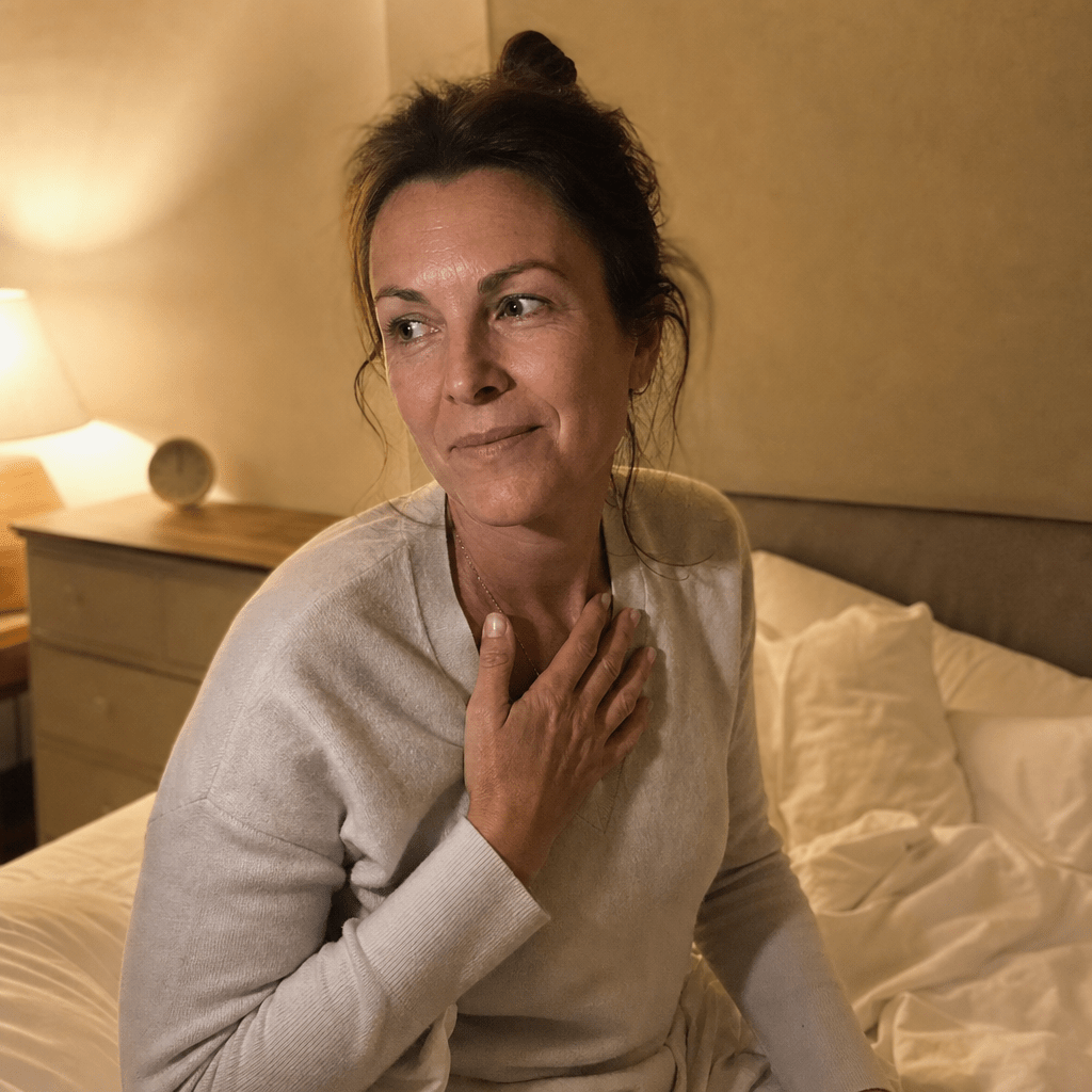 A woman late thirties sitting up on the edge of the bed in warm lamplight near 3am, hand easy on her chest, calm and awake, the moment she understands why she woke