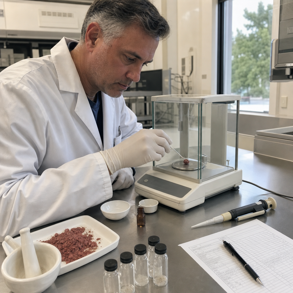A male lab technician inside an accredited testing lab weighing a stress gummy sample on an analytical balance with vials and a printed assay report on the bench