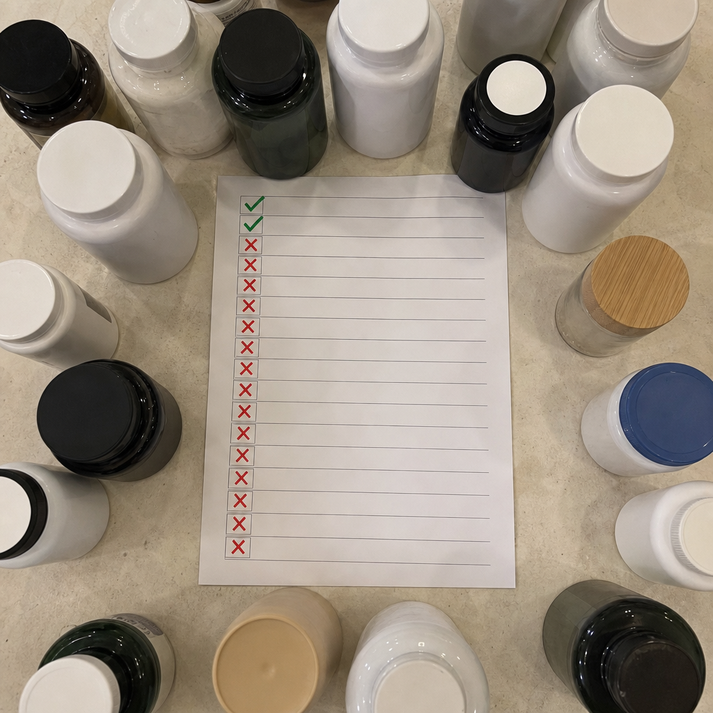 An overhead iPhone photo of many stress supplement bottles on a table beside an audit checklist marking twenty-one of them with a red X and only two with a green check