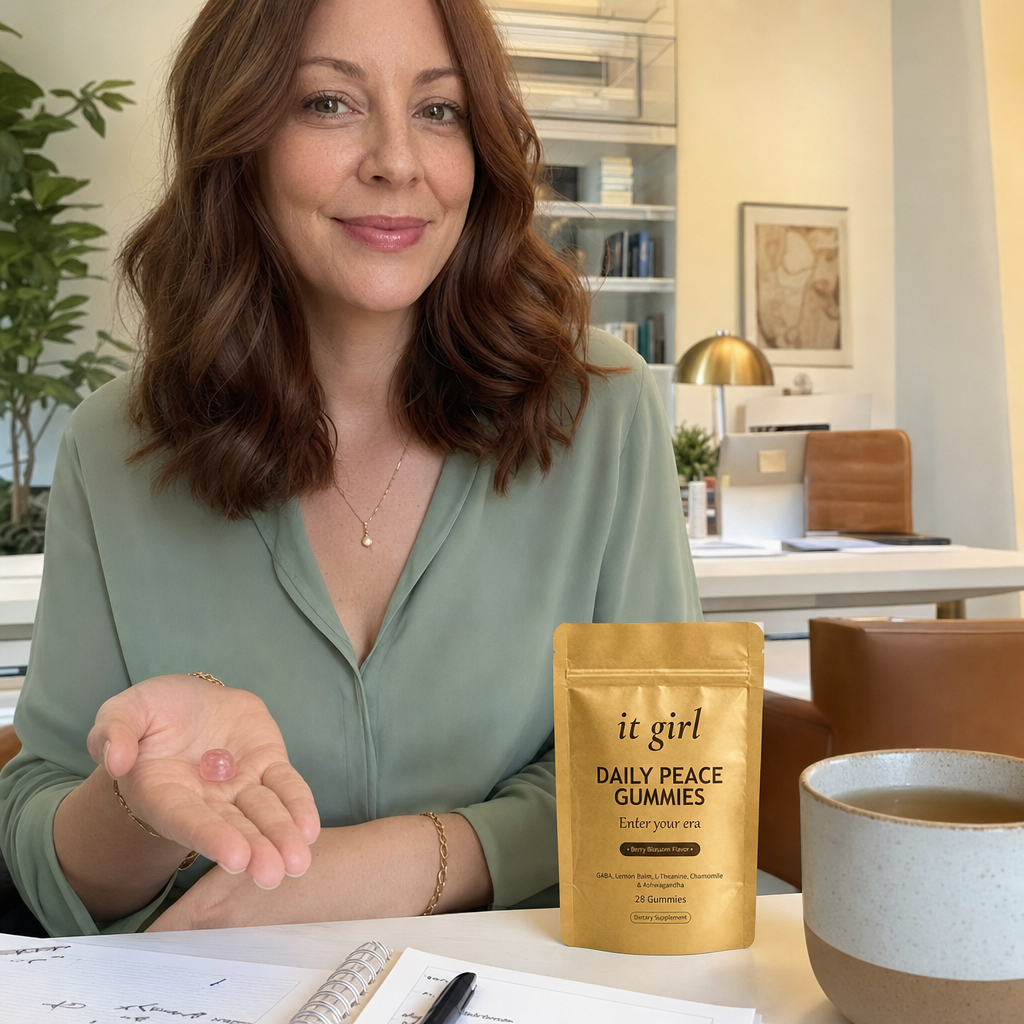 Lauren Hartley calm at her office desk with the It Girl Daily Peace pouch and a single gummy in her palm, feeling the difference the named doses made