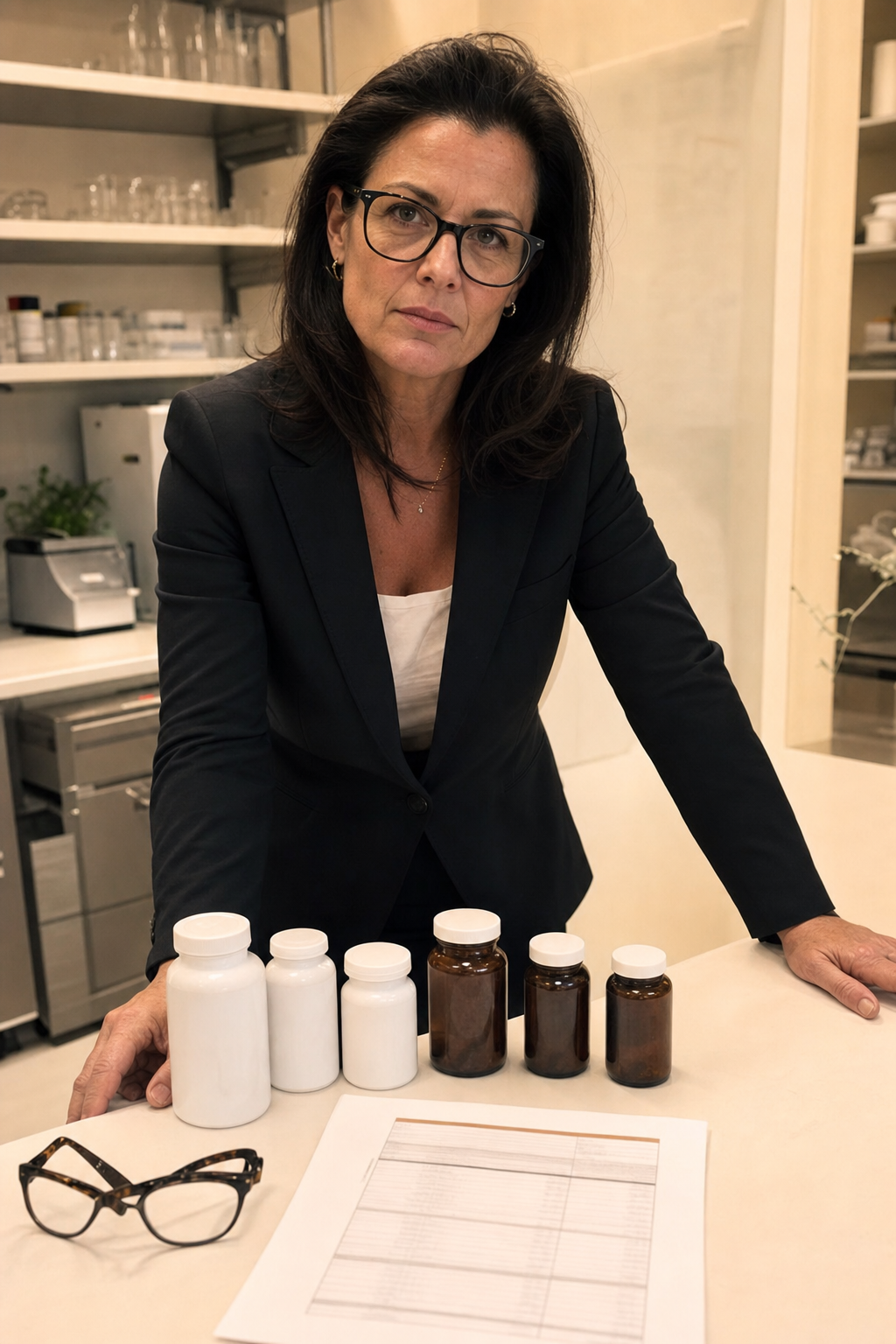 Senior contributor Lauren Hartley at an ISO-accredited lab bench in a dark blazer and glasses, anonymized stress supplement bottles lined up beside a printed lab report, mid-investigation before the verdict