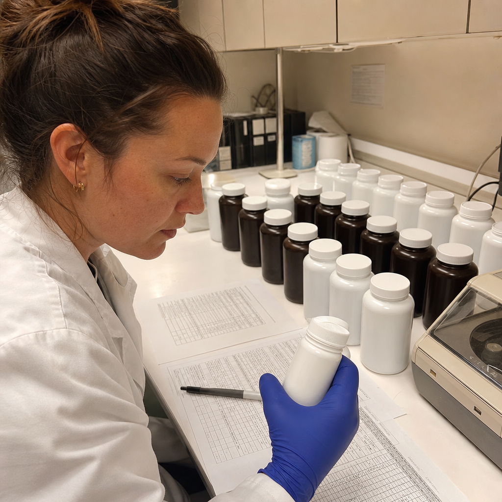 An ISO-accredited lab bench with twenty-three anonymized stress supplement bottles lined up beside printed assay sheets and a technician's gloved hand, the eight-week test underway
