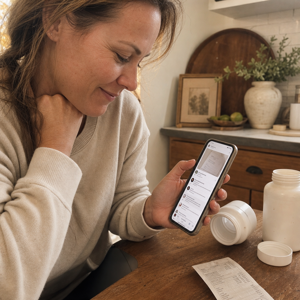 Phone on a kitchen table showing a Facebook thread of posted supplement receipts, the top one totaling $487, replies stacking below, the Sunday the thread went off