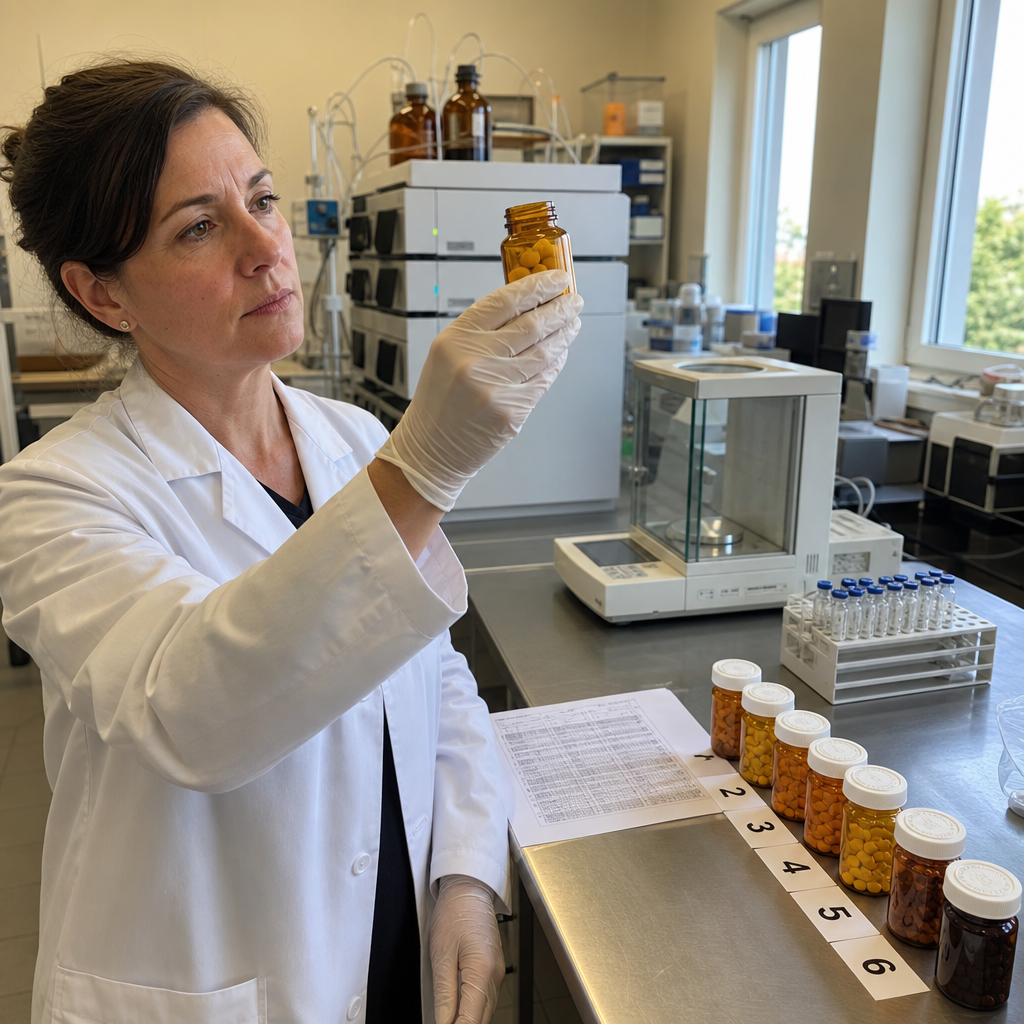 A doctor in a white coat in a testing lab examining an amber prescription-style supplement bottle against the light beside analytical equipment, the accredited study being run on the 23 brands