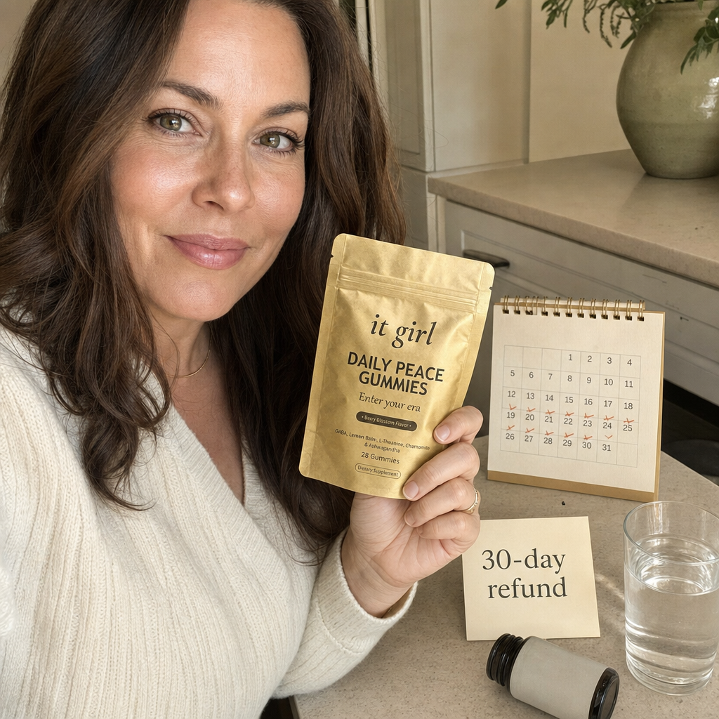 Lauren Hartley holding the palm-sized gold Daily Peace pouch beside a month calendar and a 30-day refund card on cream, a whole month to feel it for less than one wasted bottle