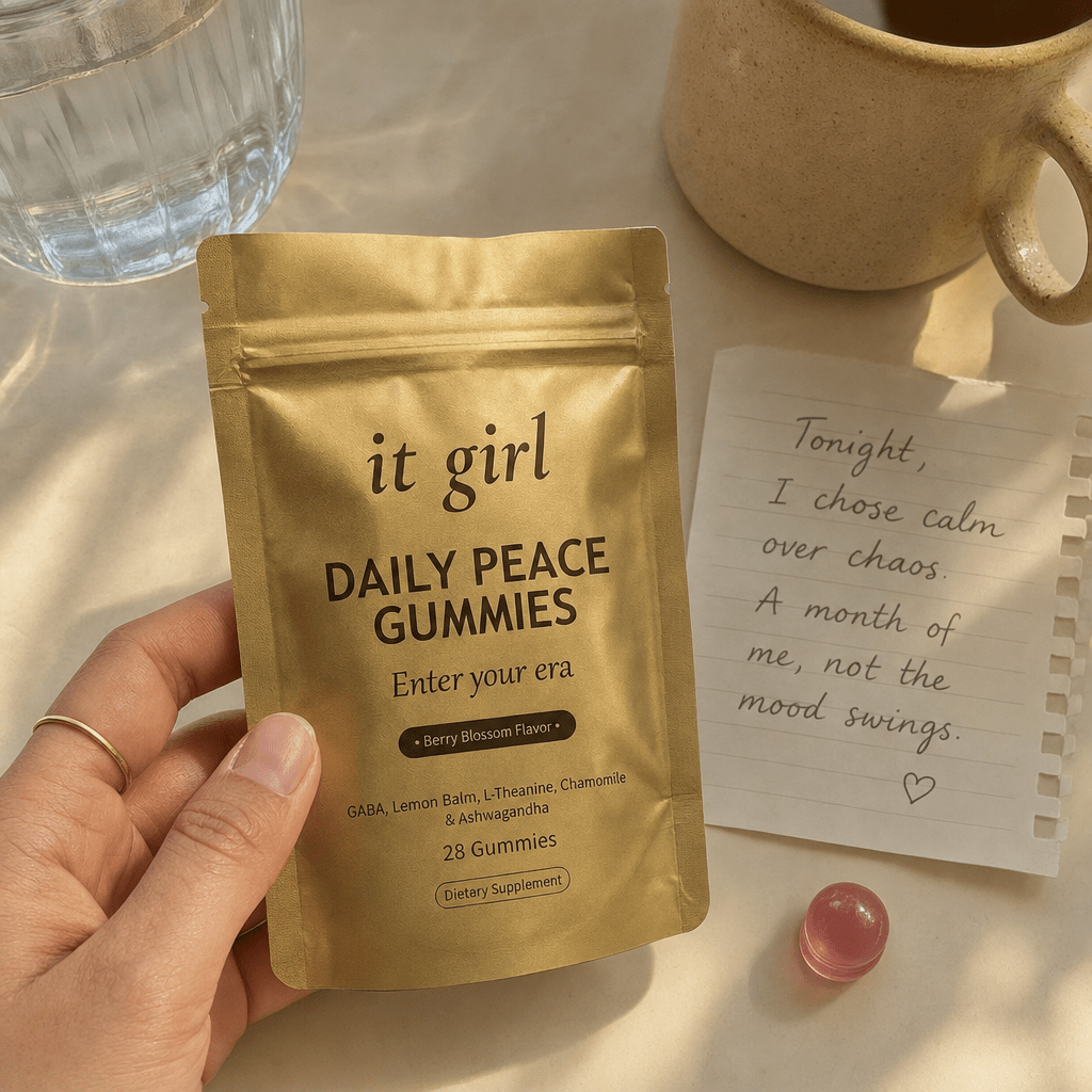 Gold Daily Peace pouch beside a calm note and a glass of water, less than a bottle of wine, a month of calm and a 30-day guarantee cue