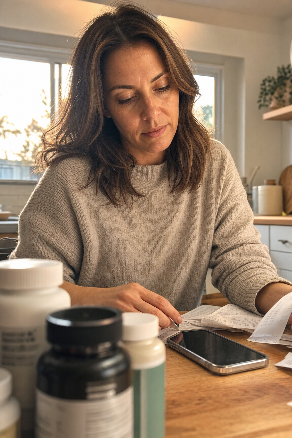 Lauren Hartley, a calm woman about 38 with chestnut hair in a cream knit sweater, sits at a sunlit kitchen table over a spread of receipts and a phone, deciding to investigate the stress gummies she had been buying