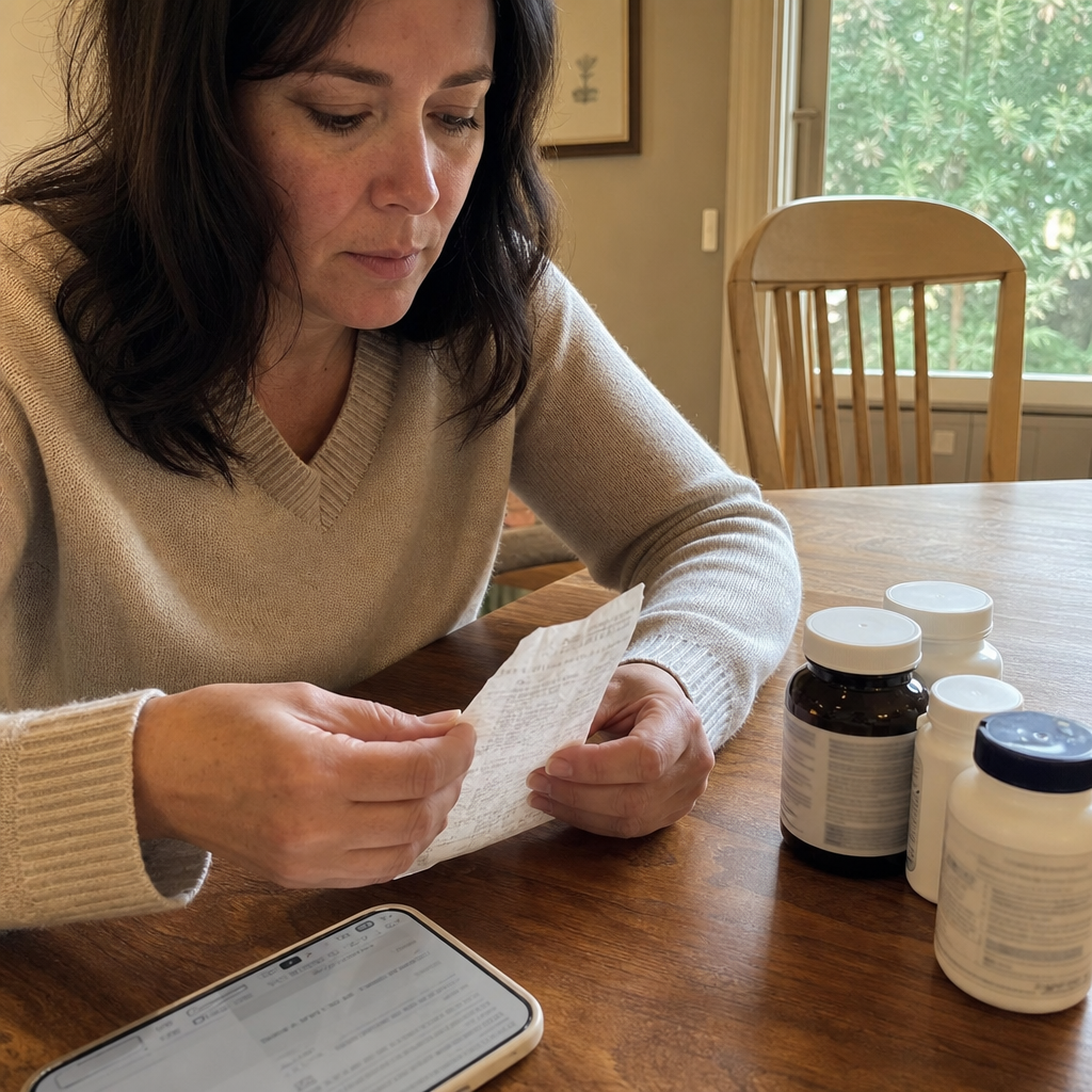 A woman's hands hold a crumpled drugstore receipt over a kitchen table beside a small pile of anonymous unbranded supplement bottles and a phone, the moment the investigation began