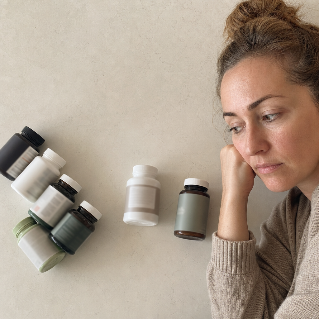 A flat-lay of anonymous unbranded stress-supplement bottles on cream, most pushed into a rejected cluster and two set apart, showing most failed and only two passed