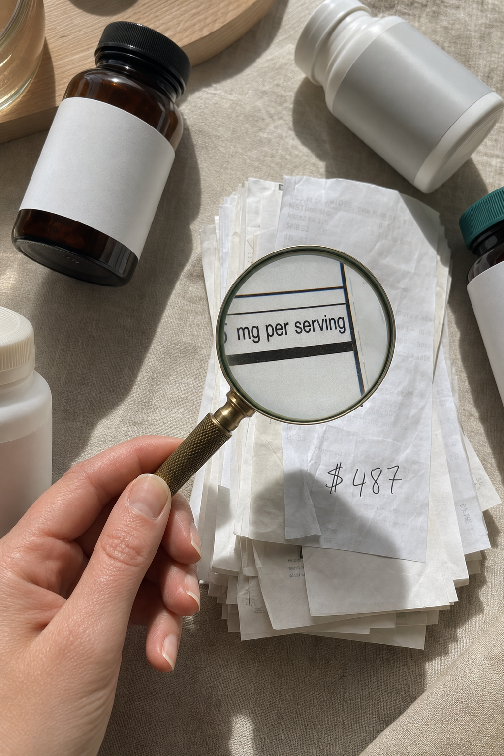 Photoreal overhead still life on cream of a stack of stress supplement receipts totaling 487 dollars under a magnifying glass over a milligram label, the investigation into what the bottles were never dosed to do