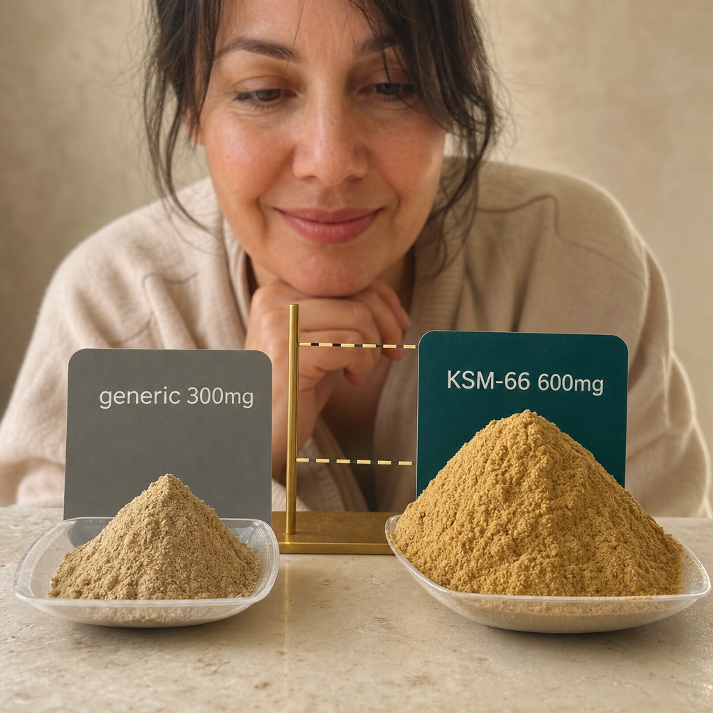 Photoreal comparison of a small generic 300mg ashwagandha powder mound beside a KSM-66 600mg mound twice the size, the dose gap made physically visible