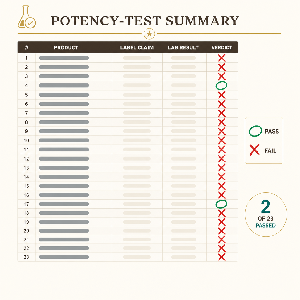 A photographed lab-results sheet listing 23 stress-supplement brands, 21 marked with a red X and only 2 circled in green as the ones that passed