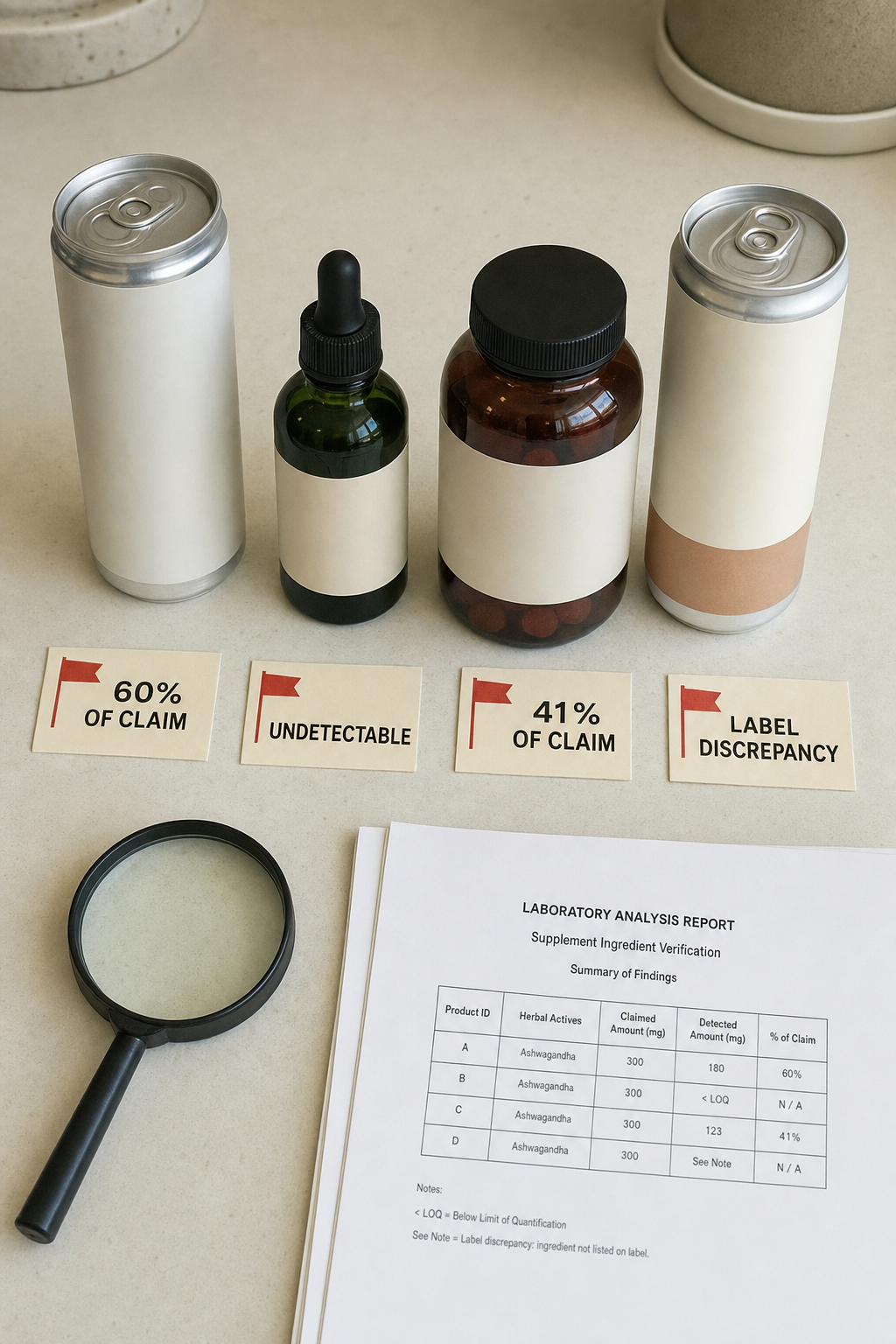 Relieved woman 40 to 55 at her kitchen counter in evening light, calmly holding the gold It Girl Daily Peace pouch, the one with the real tested dose that passed the lab test