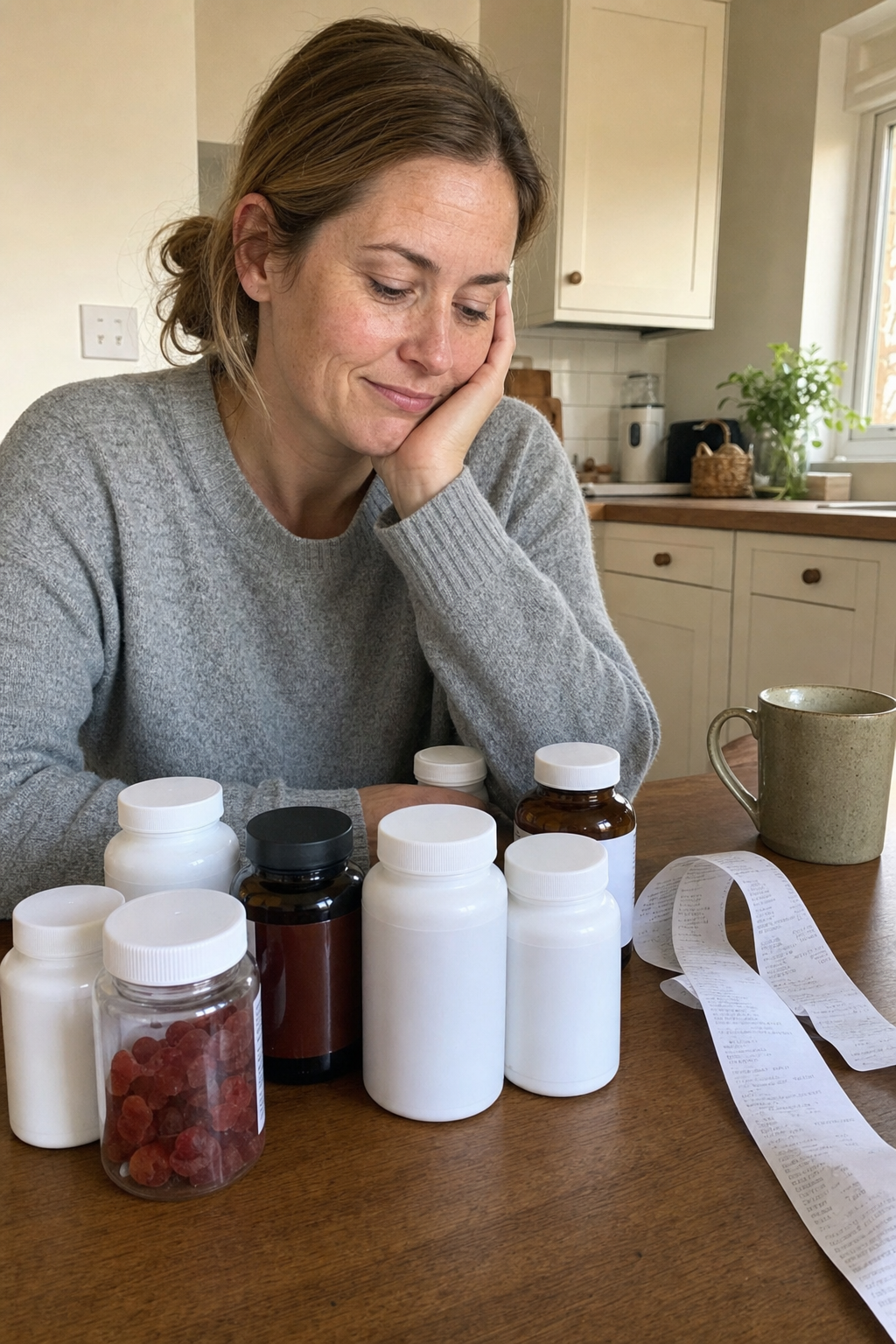 A tired woman at her kitchen table looking over a cluster of generic stress-supplement bottles and a long drugstore receipt, the frustration of two years of jars that never worked