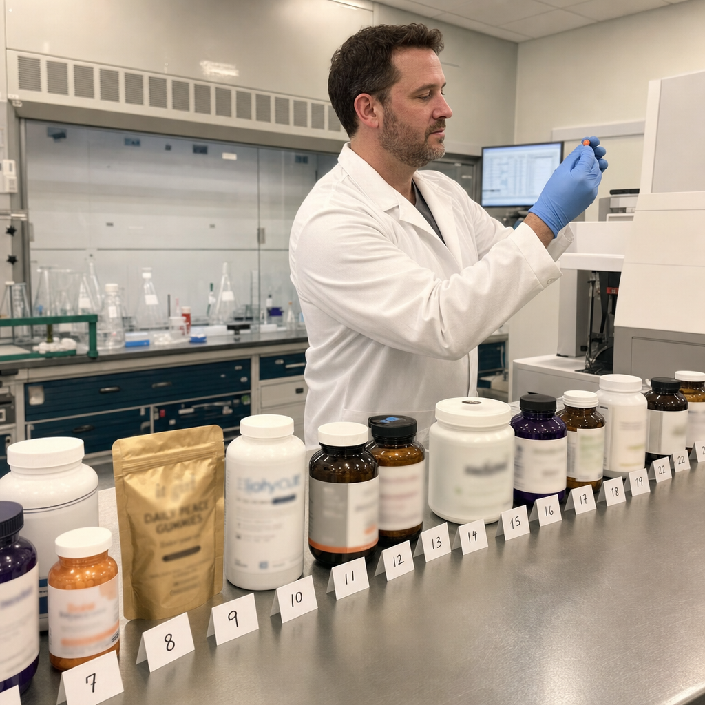A scientist in a lab coat and gloves testing supplement capsules at a lab bench lined with two dozen numbered generic supplement bottles during an independent audit