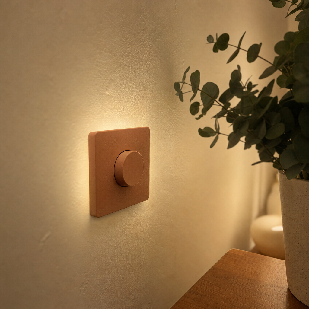 Warm-clay dimmer dial turned low at dusk, the off-switch easing back on after being drained