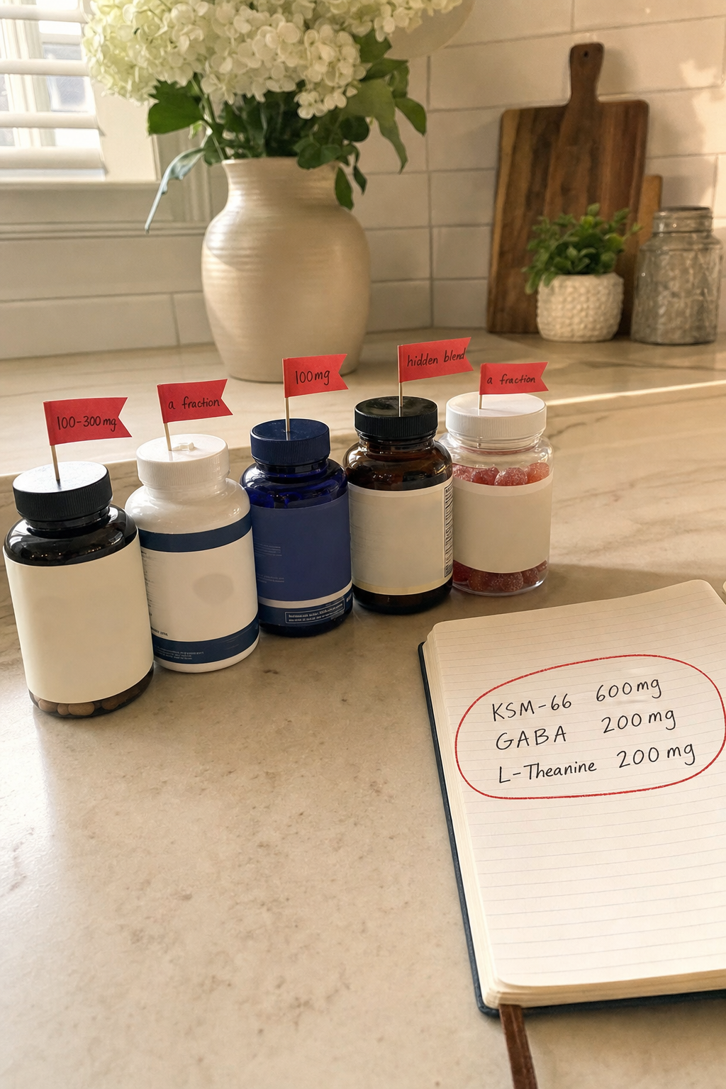 Real photo of a row of popular stress-supplement bottles lined up on a clean counter, most stamped with a small red under-dose tag, beside one open notebook page listing the full studied doses KSM-66 600mg GABA 200mg L-Theanine 200mg, the dose gap the lab found