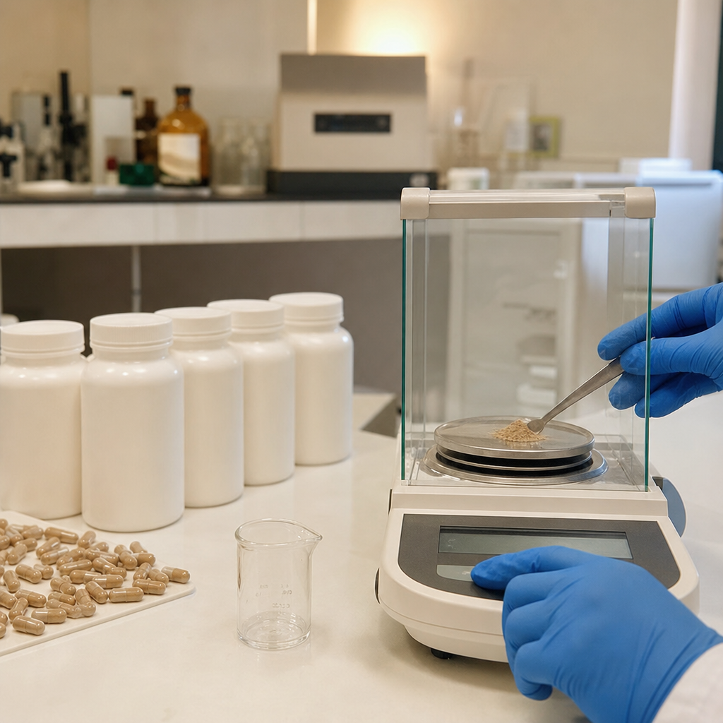 Real photo inside an analytical testing lab, a row of unlabeled stress-supplement bottles and capsules on a bench beside scientific glassware and a digital balance, a technician's gloved hands weighing a sample, the supplements being tested