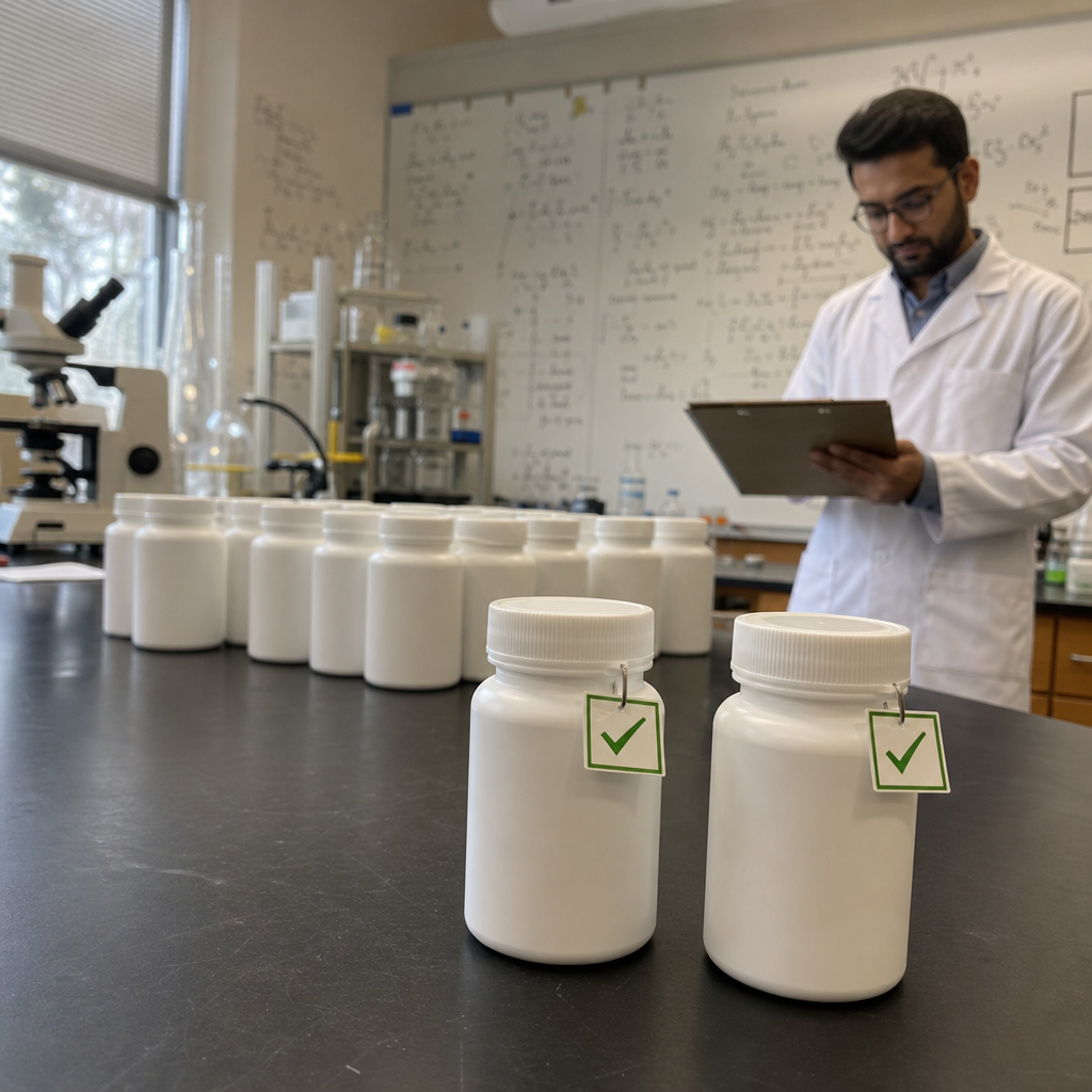 Real photo in a college university research lab with whiteboards and science equipment, about twenty stress-supplement bottles pushed to the back out of focus and two bottles pulled forward in sharp focus each with a green check tag, a male researcher in a white coat reviewing a clipboard behind them, only two passed