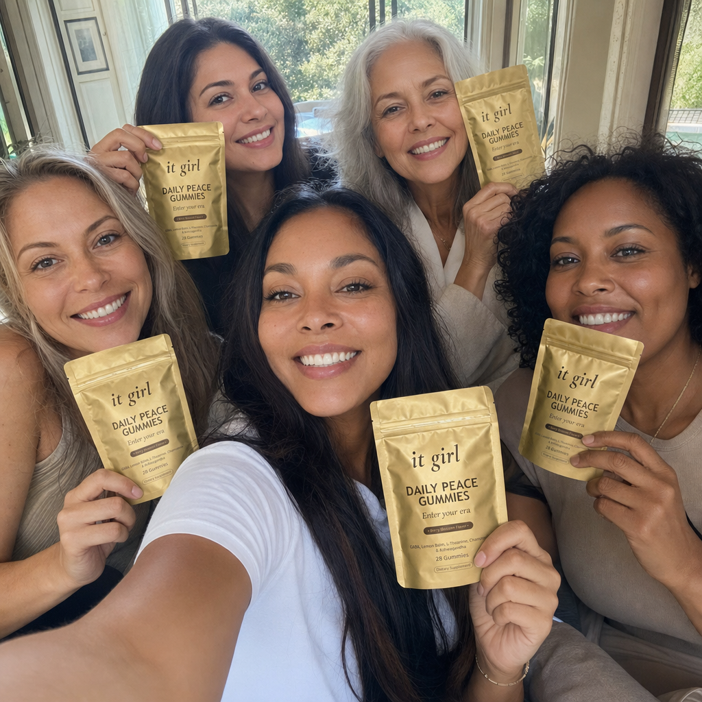 Real warm group selfie photo of several happy real-looking women together holding up It Girl Daily Peace pouches, natural daylight, candid and genuine, the women who switched