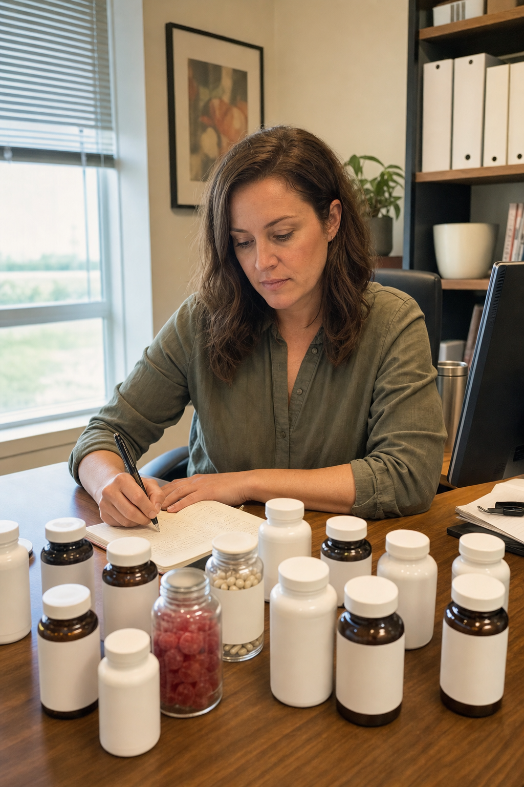 Lauren Hartley at her office desk surveying a dozen unbranded stress-supplement bottles she lined up to send to a lab for testing, notebook in hand