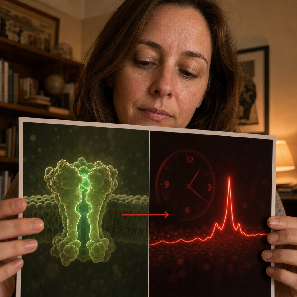 A split two-panel investigation still, left a green open receptor labeled wind-down, right a red overnight cortisol surge with a faint 3am clock labeled wake-up, a hairline divider between two separate events