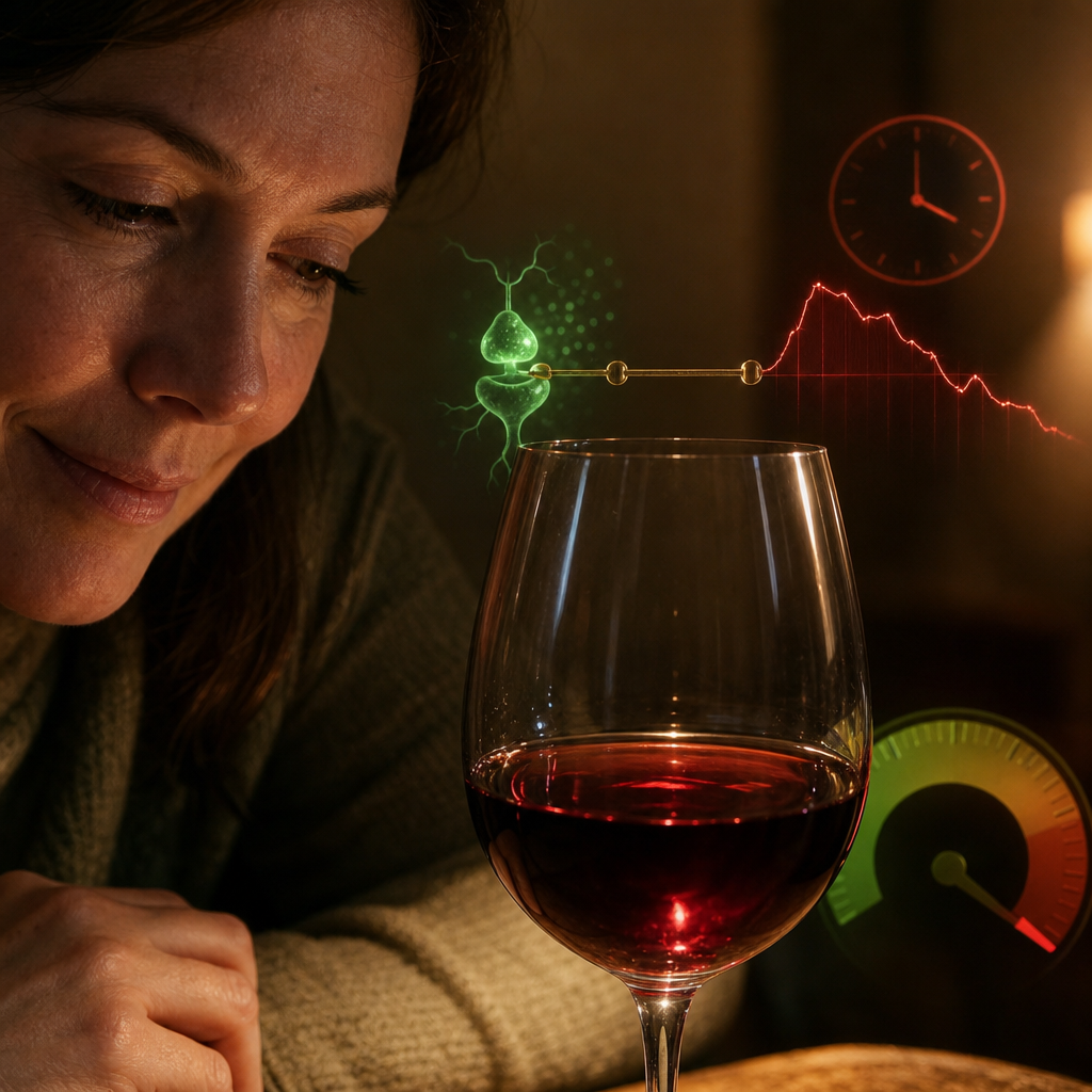 A wine glass in warm light with both a green receptor glow and a red rebound arrow bound together by a bracket, showing ethanol delivers the wind-down and the wake-up as one bundle